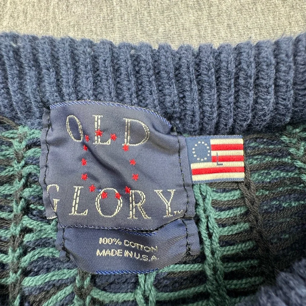 Old Glory Sweater Green Blue Mens Sz L Heavy Cotton Made in USA Vtg Knit Grandpa